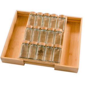 Organizer na przyprawy do szuflady – bambusowy zestaw z 15 słoiczkami i etykietami (bambusowe nakrętki)